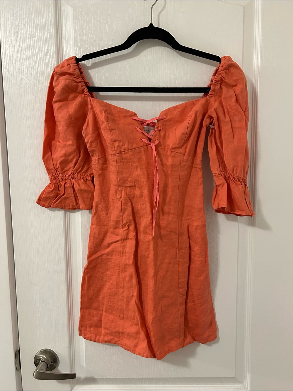 Aritzia Babydoll Mini Dress Linen Puff Sleeve Coral Pink XXS Boho Chic Festival